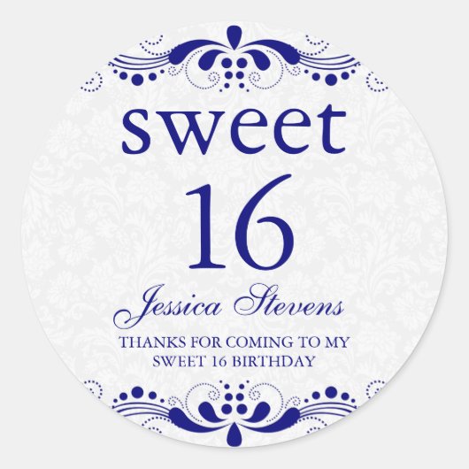 Elegant Royal-Blue Tones Floral Lace White Damasku Runder Aufkleber (Vorderseite)