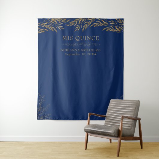Elegant Royal Blue und Gold Leaf Mis Quince Wandteppich (Beispiel)