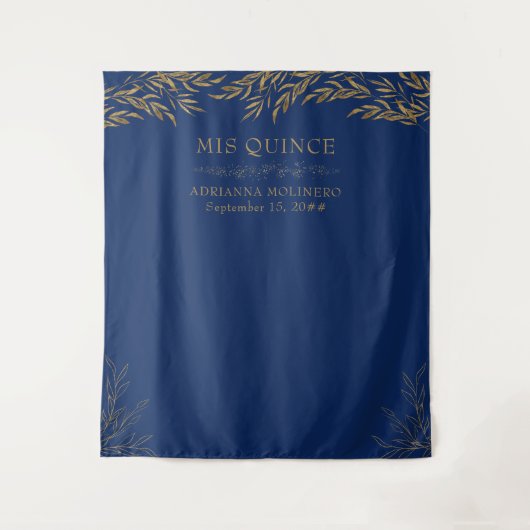 Elegant Royal Blue und Gold Leaf Mis Quince Wandteppich (Vorderseite)