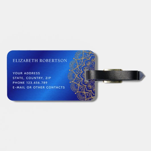 Elegant Royal Blue und Gold Mandala Mit Monogramm Gepäckanhänger (Rückseite horizontal)