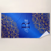 Elegant Royal Blue und Gold Mandala Mit Monogramm Strandtuch (Vorderseite)