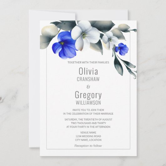 Elegant Royal Blue und White Floral Einladung (Vorderseite)