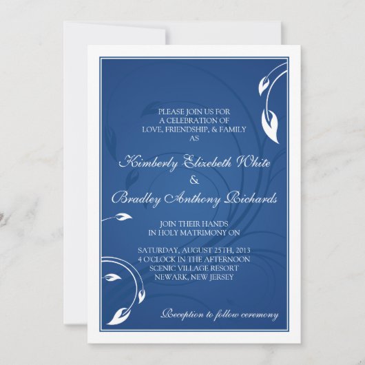 Elegant Royal Blue White Floral Wedding Einladung (Vorderseite)