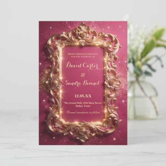 Elegant Royal Gold & Pink Modern Wedding  Save The Date (Stehend Vorderseite)