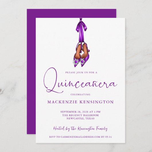 Elegant Royal Lila Lux High Heels Quinceañera Einladung (Vorne/Hinten)