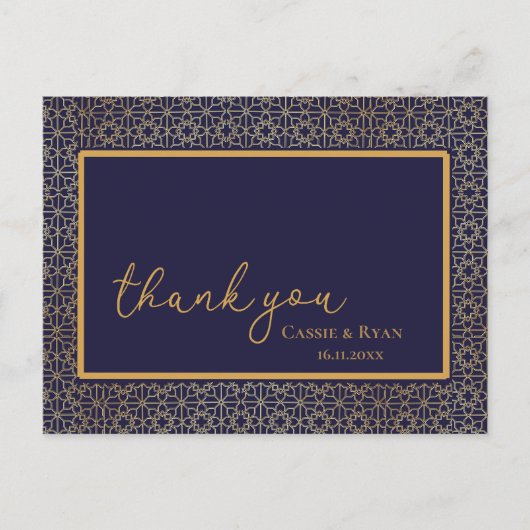 Elegant Royal Navy Gold Design Hochzeit Vielen Dan Postkarte (Vorderseite)