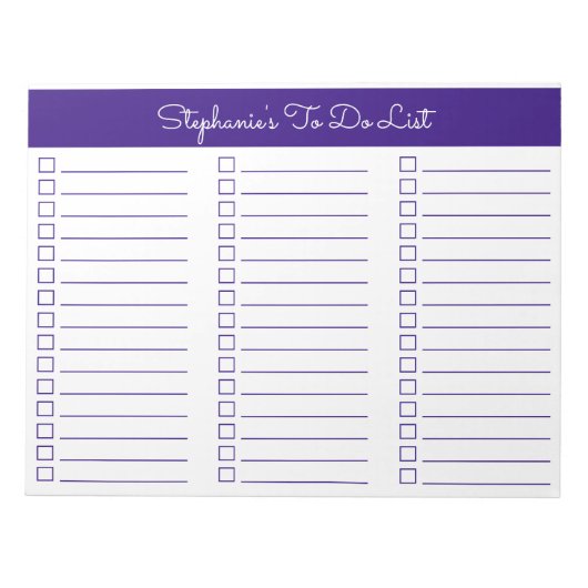 Elegant Royal Purple 8.5x11 Three Column Checklist Notizblock (Vorderseite)