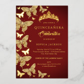 Elegant Royal Red Gold Butterfly Quinceanera Folieneinladung (Vorderseite)