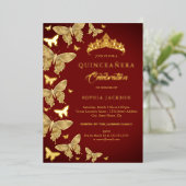 Elegant Royal Red Gold Butterfly Quinceanera Folieneinladung (Stehend vorne)