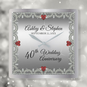 Elegant Ruby   Diamanten 40. Hochzeitstag Quadratische Wanduhr