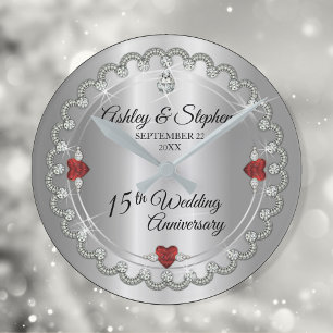 Elegant Ruby   Diamonds 15th Wedding Anniversary Runde Wanduhr