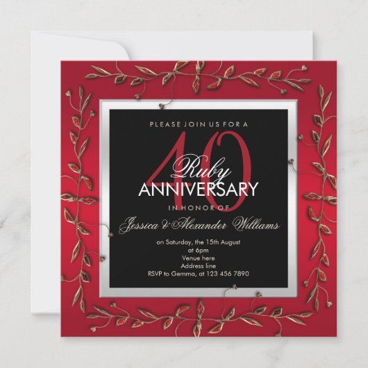 Elegant Ruby Gemstones 40. Hochzeitstag Einladung (Vorderseite)