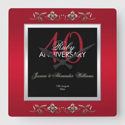 Elegant Ruby Gemstones 40. Hochzeitstag Quadratische Wanduhr (Vorderseite)