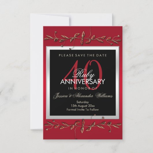 Elegant Ruby Gemstones 40. Hochzeitstag Save The Date (Vorderseite)