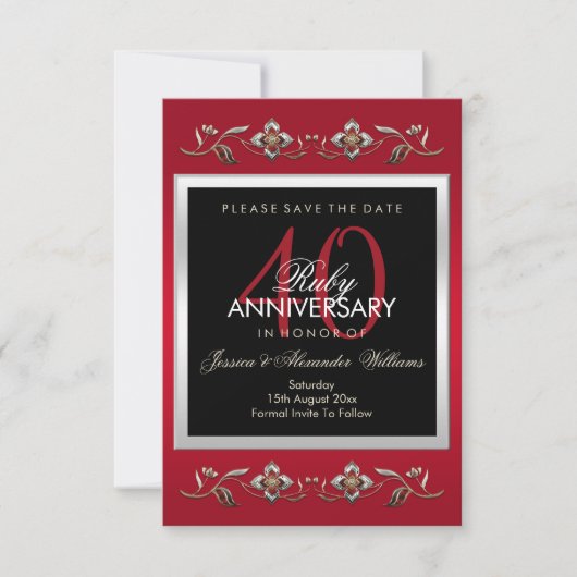 Elegant Ruby Gemstones 40. Hochzeitstag Save The Date (Vorderseite)