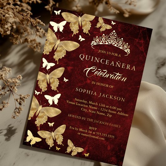 Elegant Ruby Red Gold Butterfly Quinceanera Folieneinladung