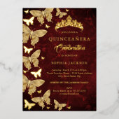 Elegant Ruby Red Gold Butterfly Quinceanera Folieneinladung (Vorderseite)