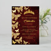 Elegant Ruby Red Gold Butterfly Quinceanera Folieneinladung (Stehend vorne)