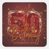 Elegant Ruby Red Gold Gem 50th Birthday Party Quadratischer Aufkleber (Vorderseite)