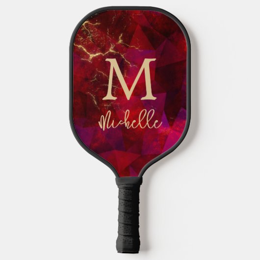 Elegant Ruby Red Gold Monogram Initial Name Pickleball Schläger (Rückseite)