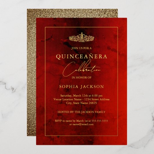 Elegant Ruby Red Gold Quinceanera 15. Folieneinladung (Vorderseite/Rückseite)