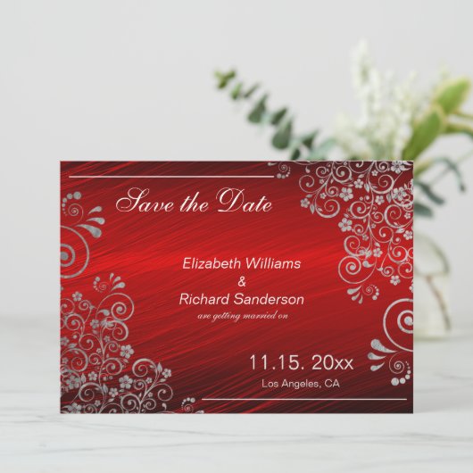 Elegant Ruby Red Gray Save the Date Wedding (Stehend Vorderseite)