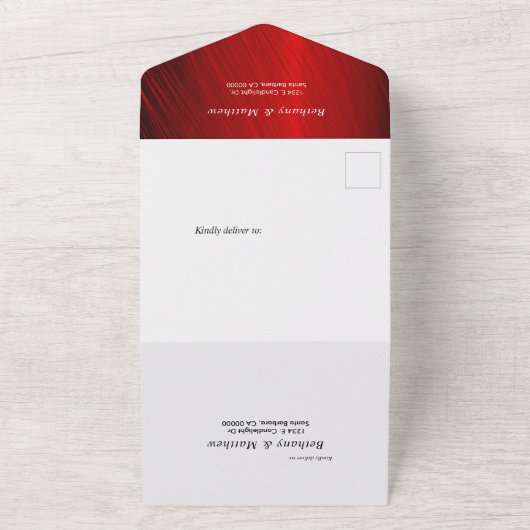Elegant Ruby Red Gray Swirl Wedding All In One Einladung (Außenbereich)