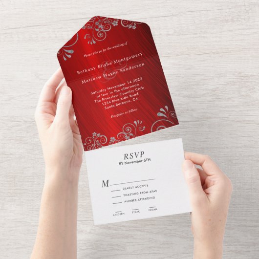 Elegant Ruby Red Gray Swirl Wedding All In One Einladung (Abreißen)