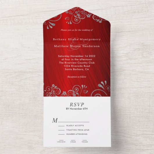 Elegant Ruby Red Gray Swirl Wedding All In One Einladung (Innen Boden)