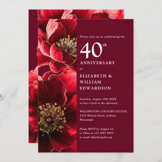 Elegant Ruby Red Modern Floral 40 Jahre alt Einladung (Vorne/Hinten)