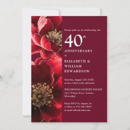 Elegant Ruby Red Modern Floral 40 Jahre alt Einladung