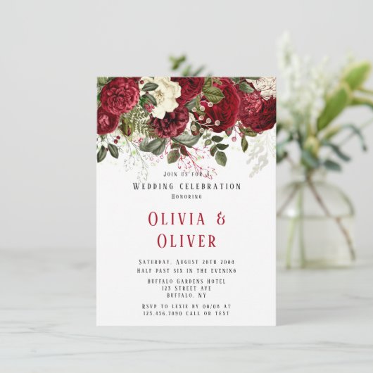 Elegant Ruby Red Peonies Wedding Einladung (Stehend Vorderseite)