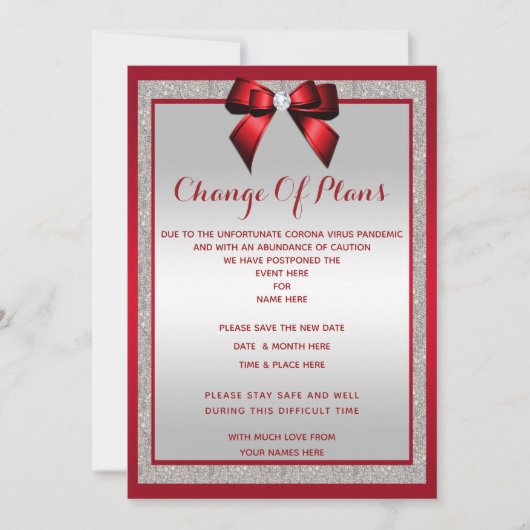 Elegant Ruby Red & Silver Glitzer Planänderung Save The Date (Vorderseite)