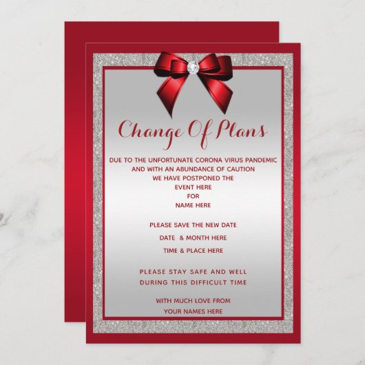Elegant Ruby Red & Silver Glitzer Planänderung Save The Date (Vorne/Hinten)
