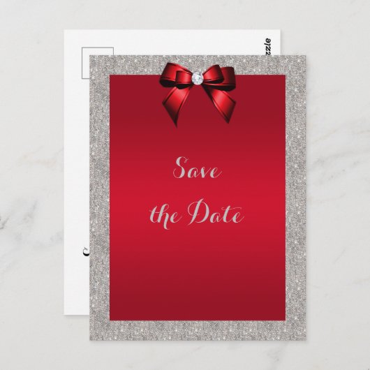 Elegant Ruby Red, Silver Glitzer Save the Date Postkarte (Vorne/Hinten)