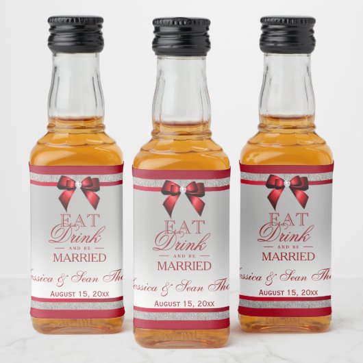 Elegant Ruby Red & Silver Glitzer Wedding Mini Alkoholflaschenetikett (Flaschen)