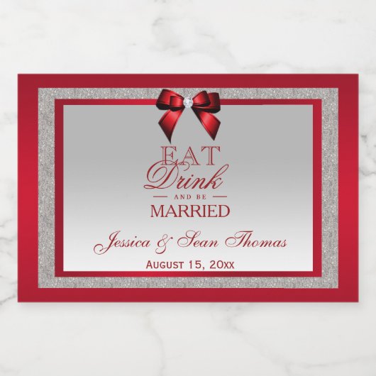 Elegant Ruby Red & Silver Glitzer Wedding Mini Alkoholflaschenetikett (Einzelnes Label)