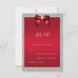 Elegant Ruby Red, Silver Glitzer Wedding RSVP Karte