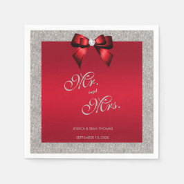 Elegant Ruby Red, Silver Glitzer Wedding Serviette