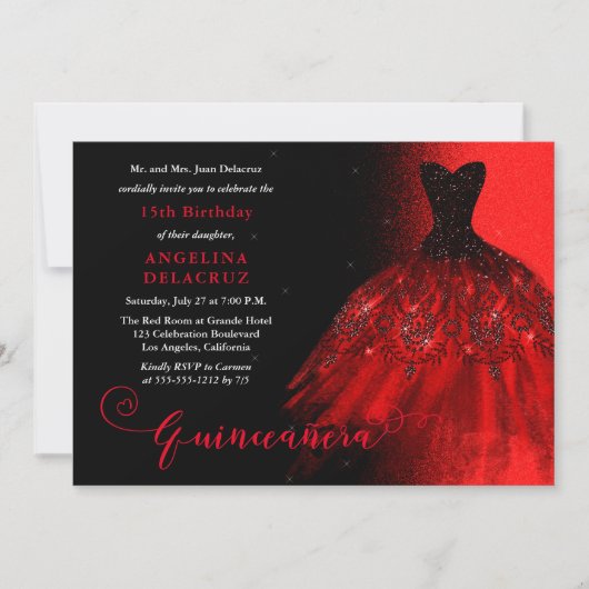 Elegant Ruby Red Spanish Gown Quinceañera Einladung (Vorderseite)