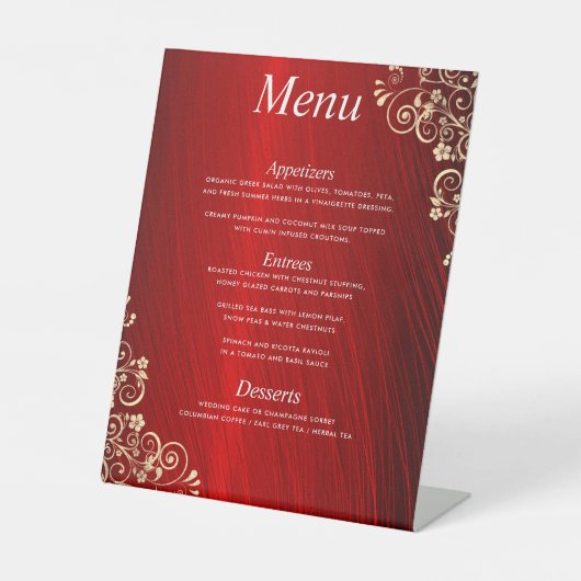 Elegant Ruby Red Three Courses Wedding Dinner Menu Sockelschild (Vorderseite)