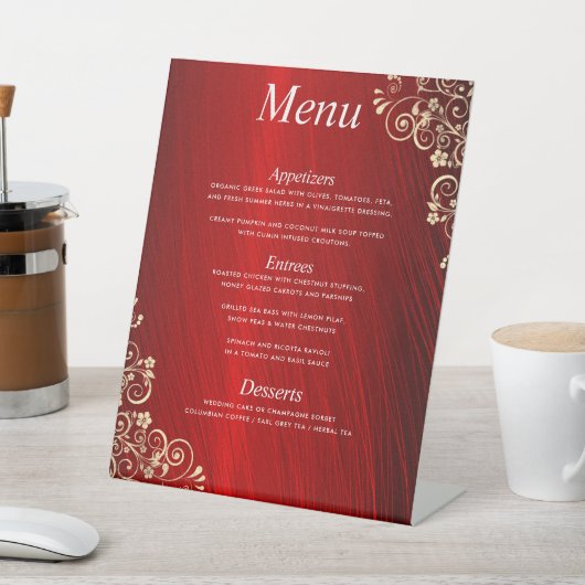 Elegant Ruby Red Three Courses Wedding Dinner Menu Sockelschild (In SItu)