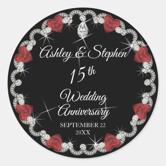 Elegant Ruby und Diamonds 15 Jahre Runder Aufkleber (Vorderseite)