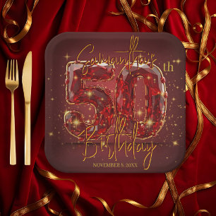 Elegant Ruby und Gold Gemstone 50. Geburtstag Pappteller