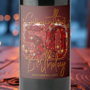 Elegant Ruby und Gold Gemstone 50. Geburtstag Weinetikett
