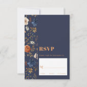 Elegant Rust Blue Dark Boho Floral Wedding RSVP Karte (Vorderseite)