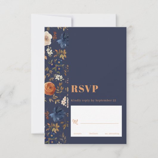 Elegant Rust Blue Dark Boho Floral Wedding RSVP Karte (Vorderseite)
