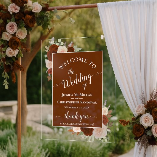 Elegant Rust Orange Boho Roses Wedding Welcome Acrylschild