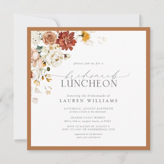 Elegant Rust Orange Floral Bridal Luncheon Einladung (Vorderseite)