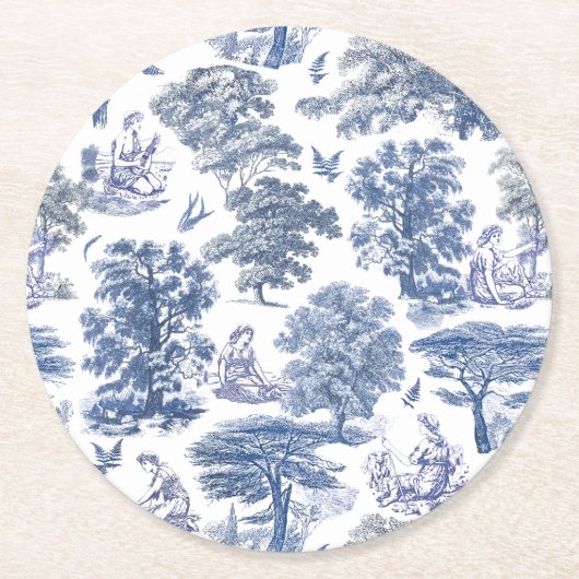 Elegant Rustic Blue Country Toile Runder Pappuntersetzer (Vorderseite)
